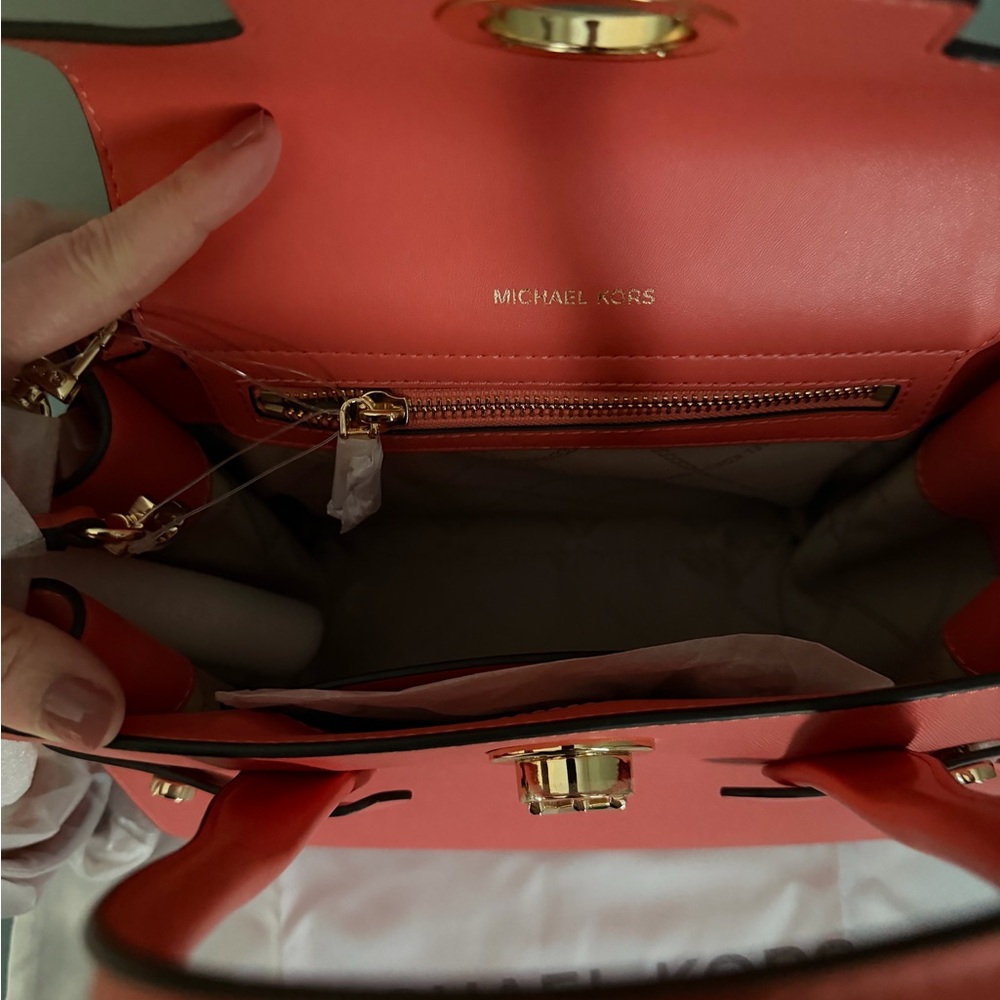 Michael Kors Coral Saffiano Leather Satchel with Gold MK Emblem - Picture 5 of 6